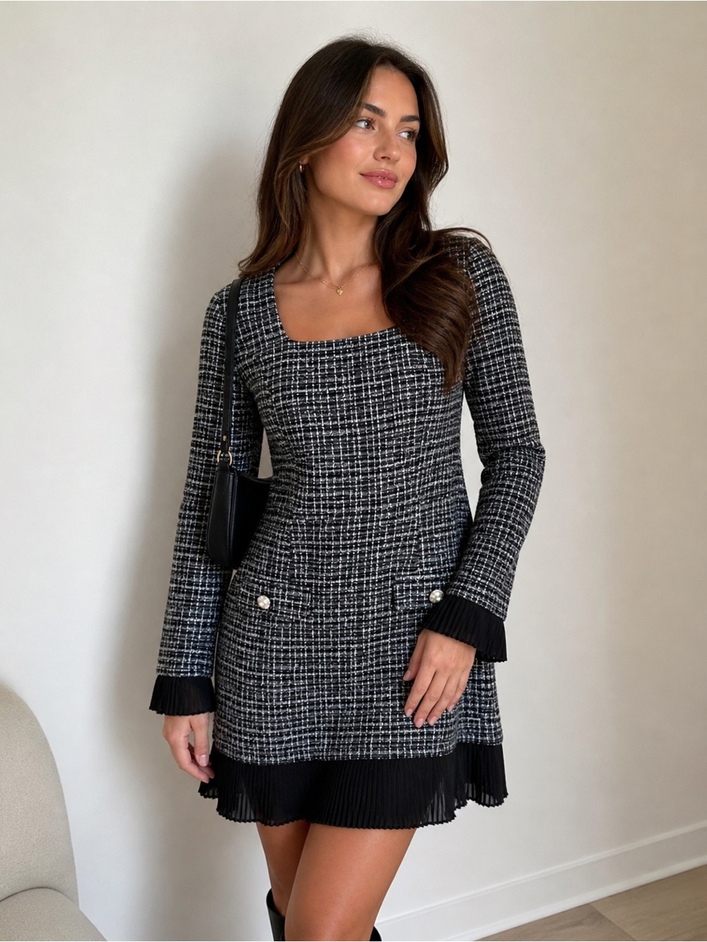 Taylor Black and White Sheath Dress with Square Neck Preppy